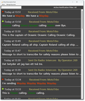 Transcription window with highlighted key words